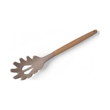 Bambu Saplı Silikon Makarna Servis Kaşığı Isıya Dayanıklı, Yapışmaz, 3 Renk Seçenekli, 27cm Uzun Saplı Makarna Kaşığı Bej