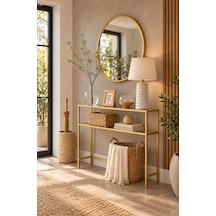 Teknor Gold Çerçeveli Şeffaf Cam Raflı Dresuar Modern Salon Ve Antre Konsolu 100 90 20 Cm