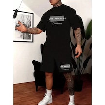 Unisex Oversize Los Angeles Baskılı Siyah Bisiklet Yaka T-shirt Şort Siyah