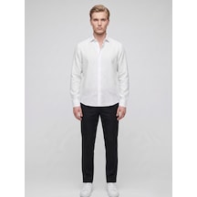Plus Scorpion Erkek Keten Müslin Gömlek Slim Fit Düğmeli Yaka Uzun Kollu Yazlık Gömlek Beyaz