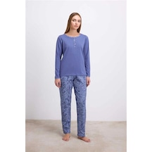 Aria's Closet Arias Closet %95 Pamuklu Uzun Kollu T-shirt Ve Desenli Pantolon Pijama Takımı Mavi