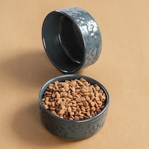Gri Kedi Köpek Mama Kabı 2li Seramik Kabartmalı Kedi Köpek Mama Ve Su Kabı 13.5 Cm 500ml