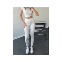 Mercan Kids & Butik Kadın Yüksek Bel Toparlayıcı Tayt Dikişsiz İç Göstermez Spor Taytı Beyaz