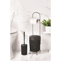 Metal Standlı Yuvarlak Kovalı &amp Kağıtlıklı &amp Fırçalıklı Siyah Banyo Takımı