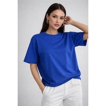 Kadın Saks Mavi %100 Pamuk Oversize Basic Tişört Rahat Kalıp Relaxed Bisiklet Yaka T-shirt Saks Mavi
