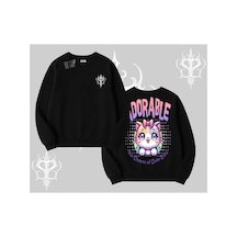 Tarzsokak Adorable Kawaii Kedi Arka Baskılı Biskilet Sweatshirt Siyah