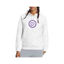 Twitch Logo Baskılı Beyaz Kadın Kapşonlu Sweatshirt
