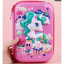 Unicorn Fuşya Pembe Cupcake 3d Dikdörtgen Büyük Kapasiteli Kız Çocuk Kalem Kutu Pembe
