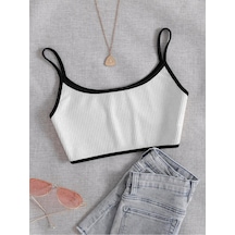 Liona Bisiklet Yaka Askılı Beyaz Renk Fitilli Crop Top Büstiyer