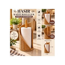 Rattan Kâğıt Havluluk Standlı Bambu Direkli Mutfak Kâğıt Havlu Tutacağı Dekoratif Havluluk Bej Bej