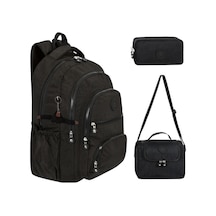 3 Lü Set Krinkıl Kumaş Çanta + Termal Beslenme Çantası + Kalemlik, Maymun Anahtarlık Hediyeli Siyah