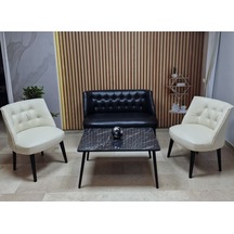 Azra Mobilya Deri Çay Seti Koltuk Takımı + Sehpa - Oturma Grubu - Cafe Mobilya - Ofis Mobilya - Balkon Mobilya Siyah-krem