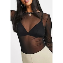 Moda Mistik Siyah Tül Bluz Uzun Kollu Transparan Sexy Siyah