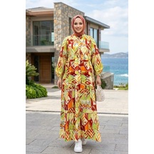 Hb Harma Time Butik Kadın Düğmeli Çiçek Desenli Yeşil Modal Elbise Yeşil Yeşil