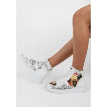 Kadın Vegan Deri Beyaz High Sneakers - Elephants Never Forget Tasarım Çok Renkli