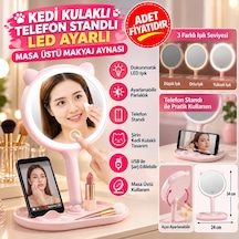 Kedi Kulaklı Telefon Standlı Yuvarlak Dokunmatik Led Ayarlı Masa Üstü Makyaj Aynası Adet Fiyatıdır Çok Renkli