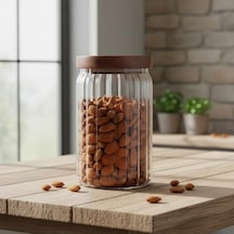 Akasya Kapaklı Çizgili Cam Kavanoz 750 Ml Hava Geçirmez, Modern Fitilli Tasarım Gıda Saklama Kabı Bakliyat, Kahve, Çay Ve Kuruyemiş Kavanozu 9x15 Cm 7009