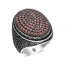 Gümüş Kırmızı Zirkon Taşlı Oval Erkek Yüzük T6366 Gümüş