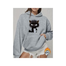 Herkesemoda Kedi Baskı Detaylı Kapüşonlu Sweatshırt Gri