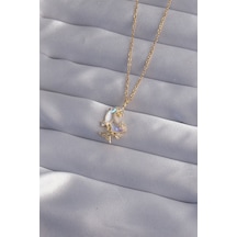 Ezoconcept 316l Çelik Zincir Gold Renk Zirkon Taşlı Kelebek Detay Ay Kolye 001