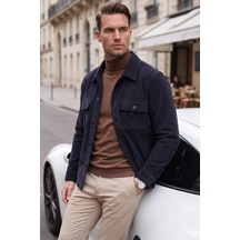 Deepsea Erkek Slim Fit Fitilli Kadife Lacivert Ceket %100 Pamuk Düğmeli Cepli Astarsız 2701104