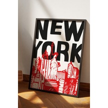 New York Kırmızı Siyah Dekoratif Tasarım Poster Tablo Siyah Çerçeveli
