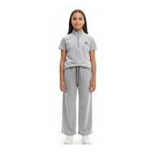Toontoy Kids Toontoy Kız Çocuk 2'li Takım Dik Yaka Yarım Fermuar Kısa Kollu Nakışlı Tişört & Beli Lastikli Bol Paça Bağlamalı Eşofman Altı 24999 Gri Melanj
