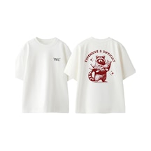 Thewert Rakun Ve Kedi Tasarım Sırt Baskılı Pamuk Beyaz Oversize T-shirt