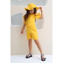 Riccotarz Kız Çocuk Yarım Kollu Kuşak Detaylı Şapkalı Sarı Tulum 3-12 Yaş 001