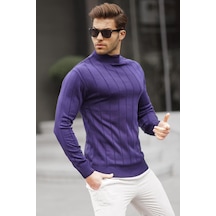 Madmext Lacivert Slim Fit Yarım Balıkçı Yaka Çizgili Tüylenmeyen Erkek Triko Kazak 6344 Lacivert