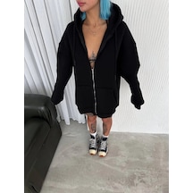 Barlashive Kadın Tam Fermuarlı Cepli Kapüşonlu 3 İplik Pamuklu Hoodie Sweatshirt - Siyah Çok Renkli