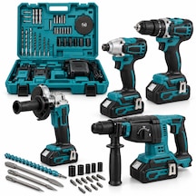 Profesyonel 4'lü Şarjlı El Aleti Seti Kırıcı Delici Hilti, Spiral Taşlama, Darbeli Vidalama Ve Somun Sıkma Akülü Çantalı Set
