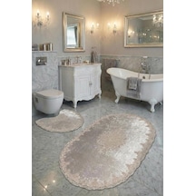 Tr Milas Kaymaz Taban, Kadife Dantel Detaylı 2'li Süper Lüks Oval Banyo Paspası Seti, Pembe, 60x100 Cm Genel