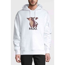 Moo Baskılı Beyaz Erkek Örme Kapşonlu Sweatshirt