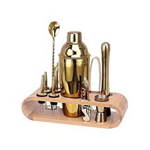 Ahşap Standlı 12 Parça Çelik 750 Ml Shaker Bar Tokmağı Jigger Seti Barmen Seti Altın