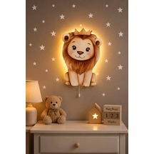 Ahşap Aslan Pilli Ledli Gece Lambası Bebek Çocuk Odası-yıldız Sticker Hediyeli Çok Renkli