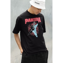 Gitar Pantera Müzik Grubu Baskılı Unisex Oversize Tişört Siyah