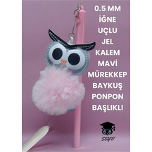0.5 Mm İğne Uçlu Jel Tükenmez Kalem Mavi Mürekkep Baykuş Ponpon Başlıklı Pembe