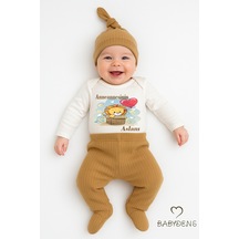 Babyden's Anneannesinin Aslanı Yazılı 3 Lü Bebek Takımı Uzun Kol Çıtçıtlı Zıbın, Ribana Patikli Pantolon,şapka Açık Kahverengi