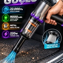 220w Turbo Güçlü Kablosuz Oto Süpürgesi 22.000 Pa Metal Hepa Filtreli 9000 Mah