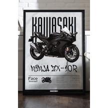 Kawasaki Ninja Zx-10r Siyah Ahşap Çerçeveli Poster, Dekoratif Motosiklet Duvar Tablosu