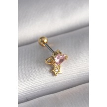 316l Çelik Gold Renk Pembe Zirkon Taşlı Sallantı Yıldız Detay Tragus Piercing - Tj-pr1236 Çok Renkli