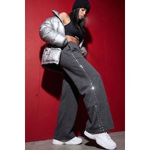 Gümüş Zımba Şeritli Asi Streetwear Bel Lastikli Bağlamalı Konforlu Rahat Cepli Parlak Parıltı Geniş Paça Esnek Baharlık Kışlık Kombin Pantolon Antrasit