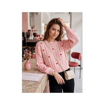 Sayzen Your Shine Kalp Nakış Detaylı Saç Örgülü Crop Kadın Kazak Pembe