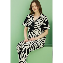 Siyah İnci Bürümcük Krınkıl Kumaş Örme Düğmeli Pijama Takım25118561 Çok Renkli