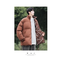 Kışlık Dik Yaka Şişme Mont Erkek Çift Taraflı Bol Pamuklu Dolgulu Ceket Öğrenci Çift Kıyafeti Günlük Sade Pamuklu Dolgulu Mont Pembe