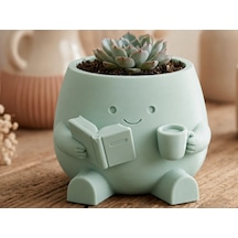 3d Baskı Kitap Okuyan Saksı - Kupa Tutan Sevimli Saksı-mint