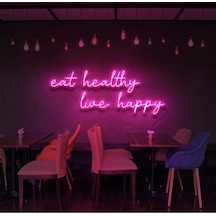 Eat Healthy Live Happy Yazılı Neon Tabela Pembe