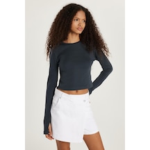 Tudors Kadın Slim Fit Dar Kesim Uzun Kollu Bisiklet Yaka Antrasit Bluz-34085 Antrasit