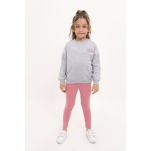 Toontoy Kids Toontoy Kız Çocuk 2'li Takım Baskılı Bisiklet Yaka Düşük Omuz Sweatshirt & Basic Düz Tayt Gri